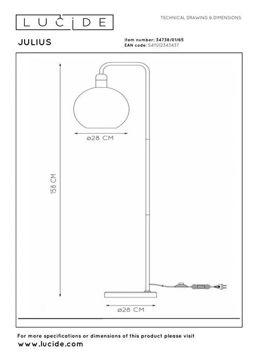 Lucide JULIUS - Vloerlamp - Ø 28 cm - 1xE27 - Fumé - technisch